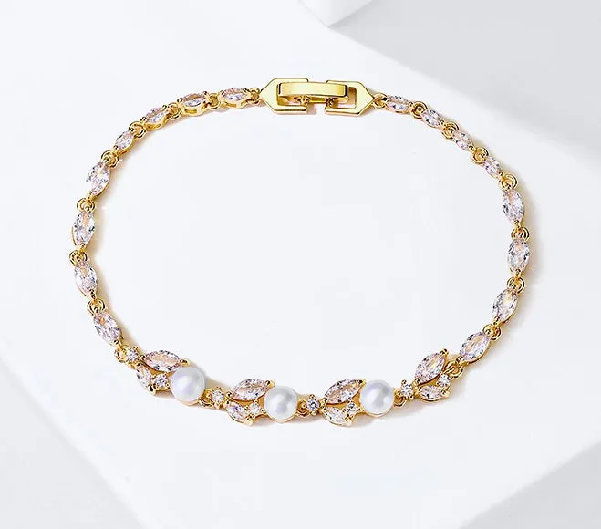 "Senna" - Pearl and Cubic Zirconia Bridal Bracelet - Available in Silver, Rose Gold and Yellow Gold