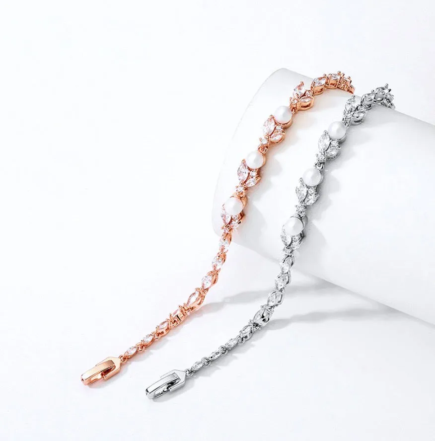 "Senna" - Pearl and Cubic Zirconia Bridal Bracelet - Available in Silver, Rose Gold and Yellow Gold