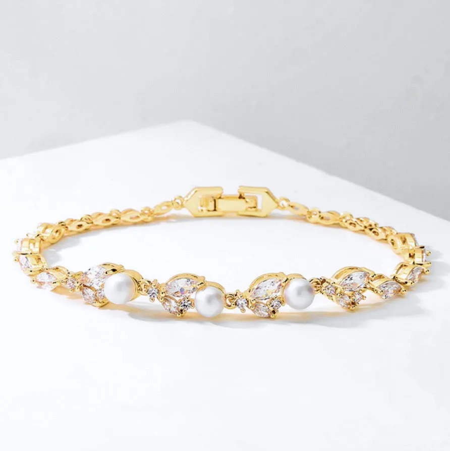 "Senna" - Pearl and Cubic Zirconia Bridal Bracelet - Available in Silver, Rose Gold and Yellow Gold