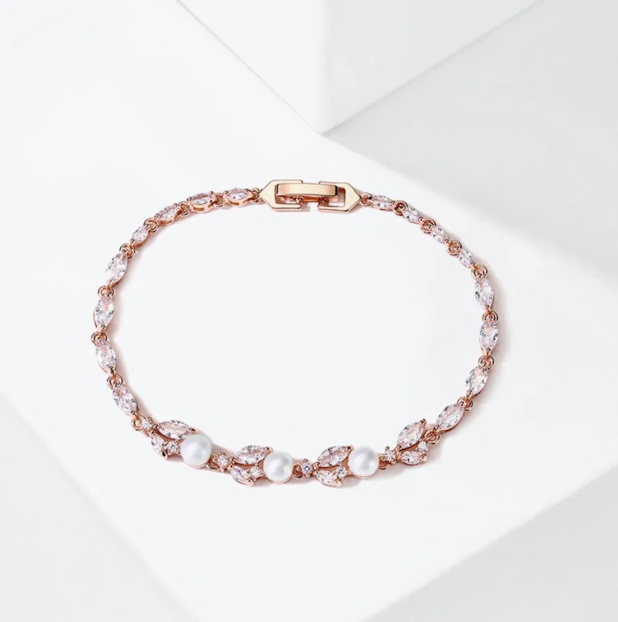 "Senna" - Pearl and Cubic Zirconia Bridal Bracelet - Available in Silver, Rose Gold and Yellow Gold