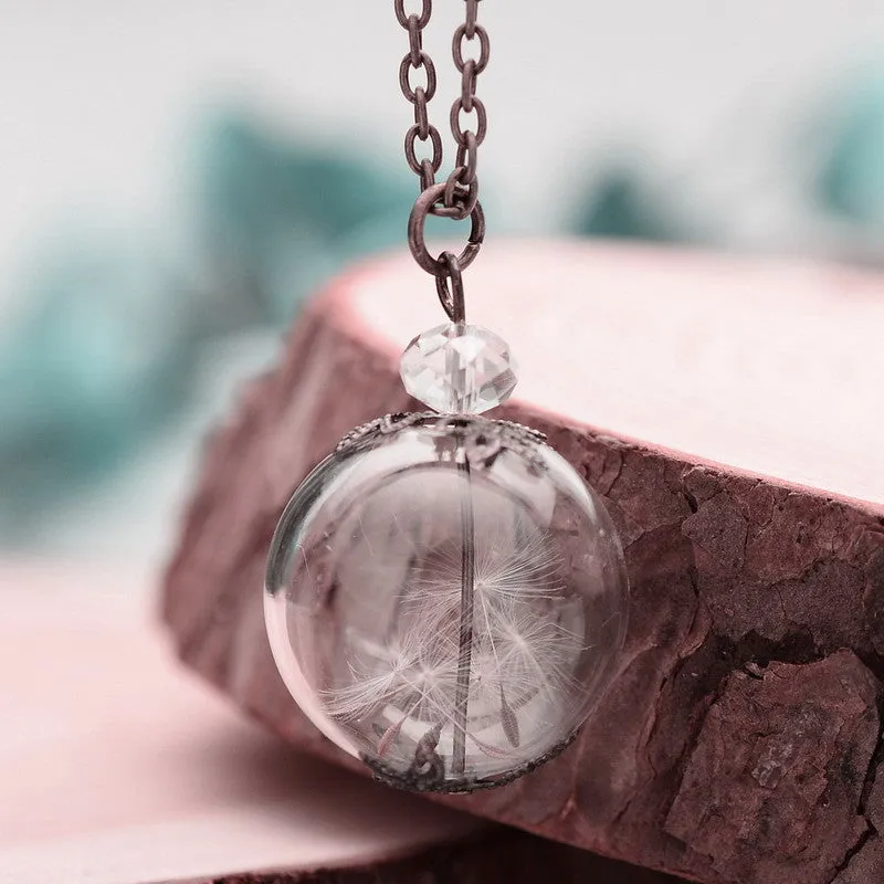 Real Plants Glass Floating Lockets Necklaces Dandelions Chain of Seeds FREE Pendant Necklace for Women Mori Girl's Wish Locket