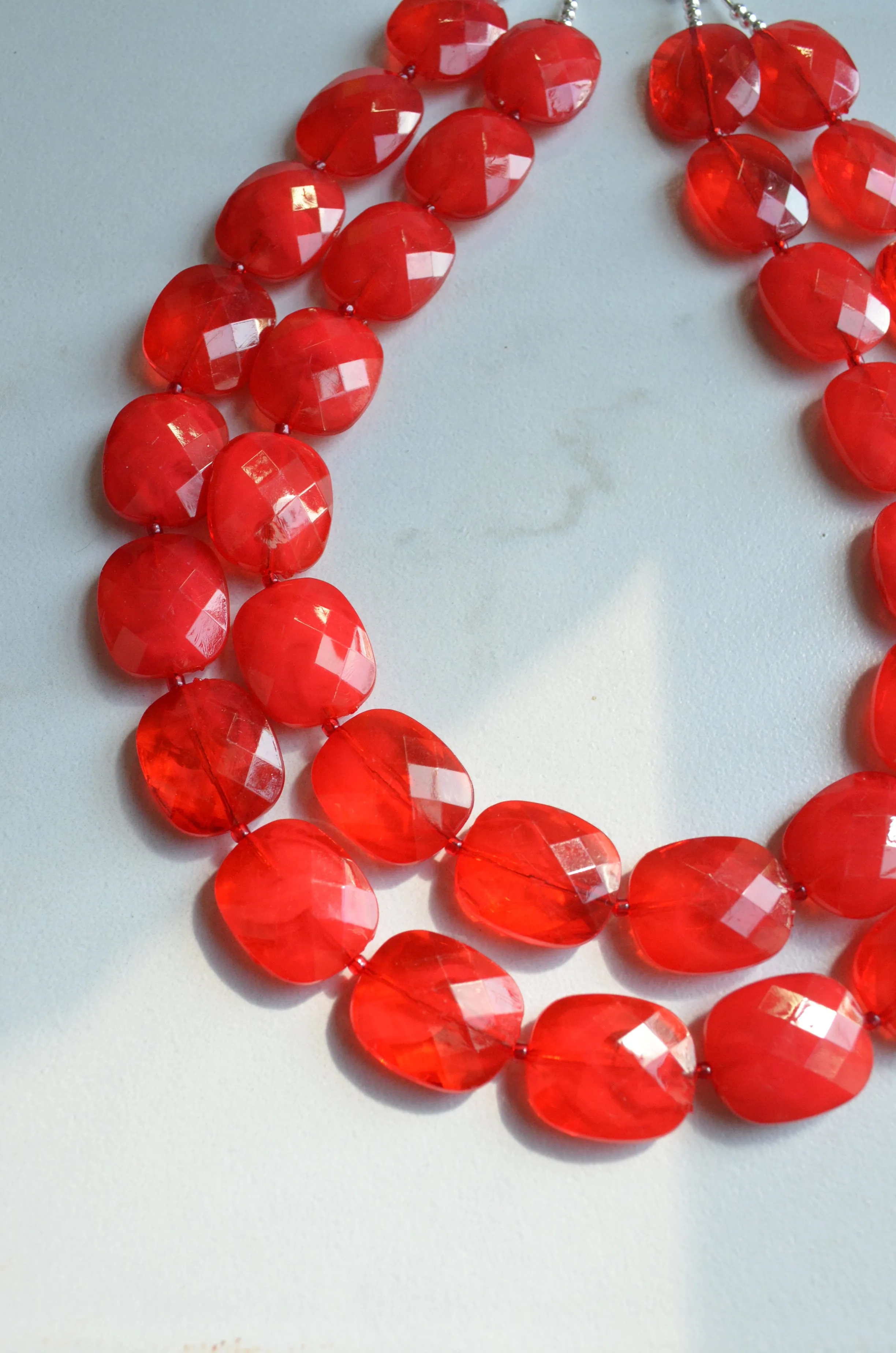 Red Acrylic Bead Chunky Multi Strand Lucite Statement Necklace - Elizabeth