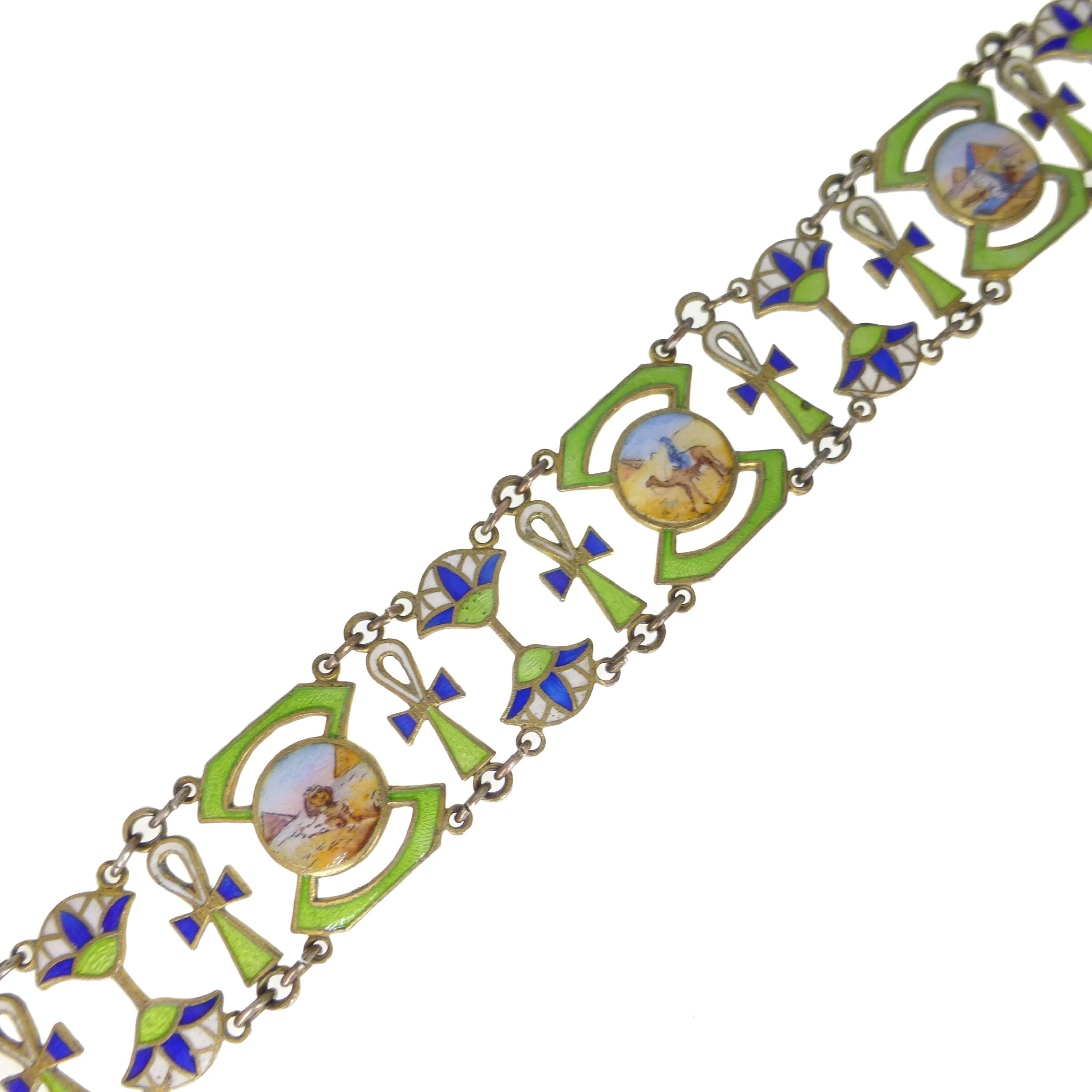 Reserved | Antique Silver Gilt Egyptian Revival Enamel Panel Bracelet