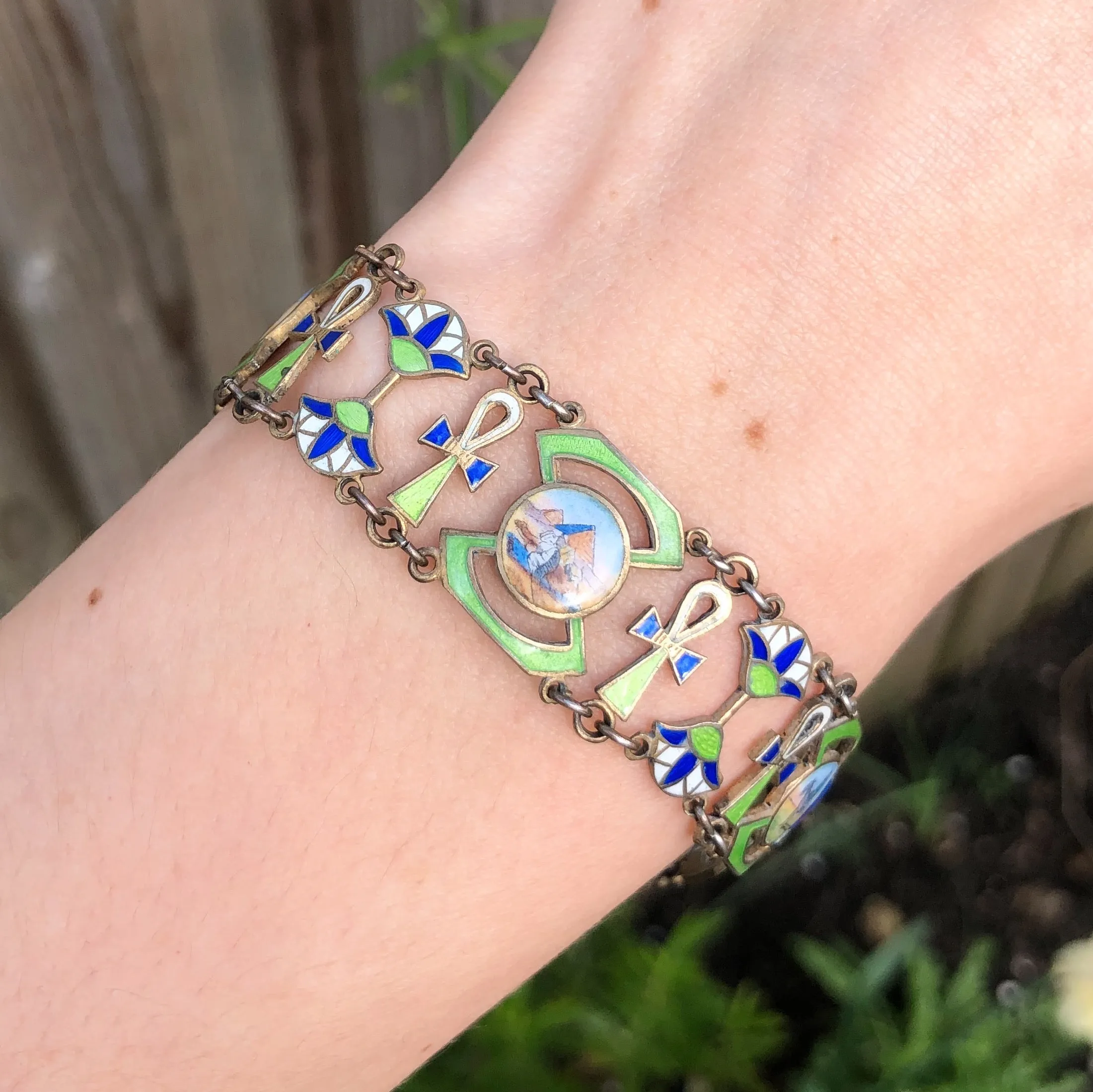 Reserved | Antique Silver Gilt Egyptian Revival Enamel Panel Bracelet