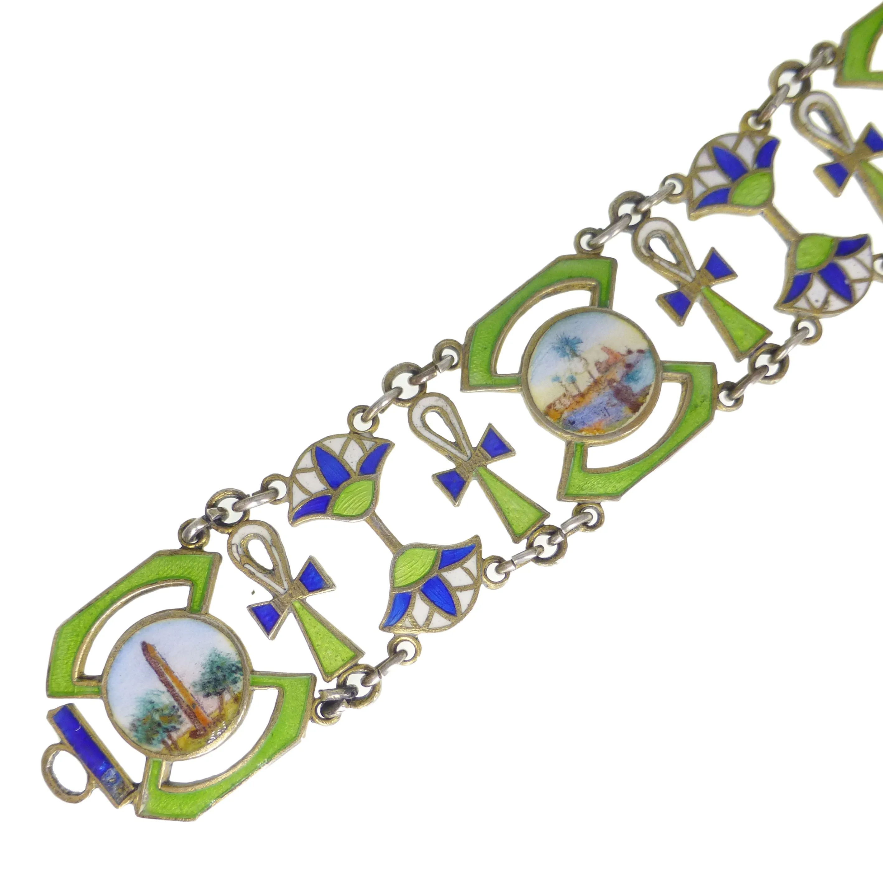 Reserved | Antique Silver Gilt Egyptian Revival Enamel Panel Bracelet