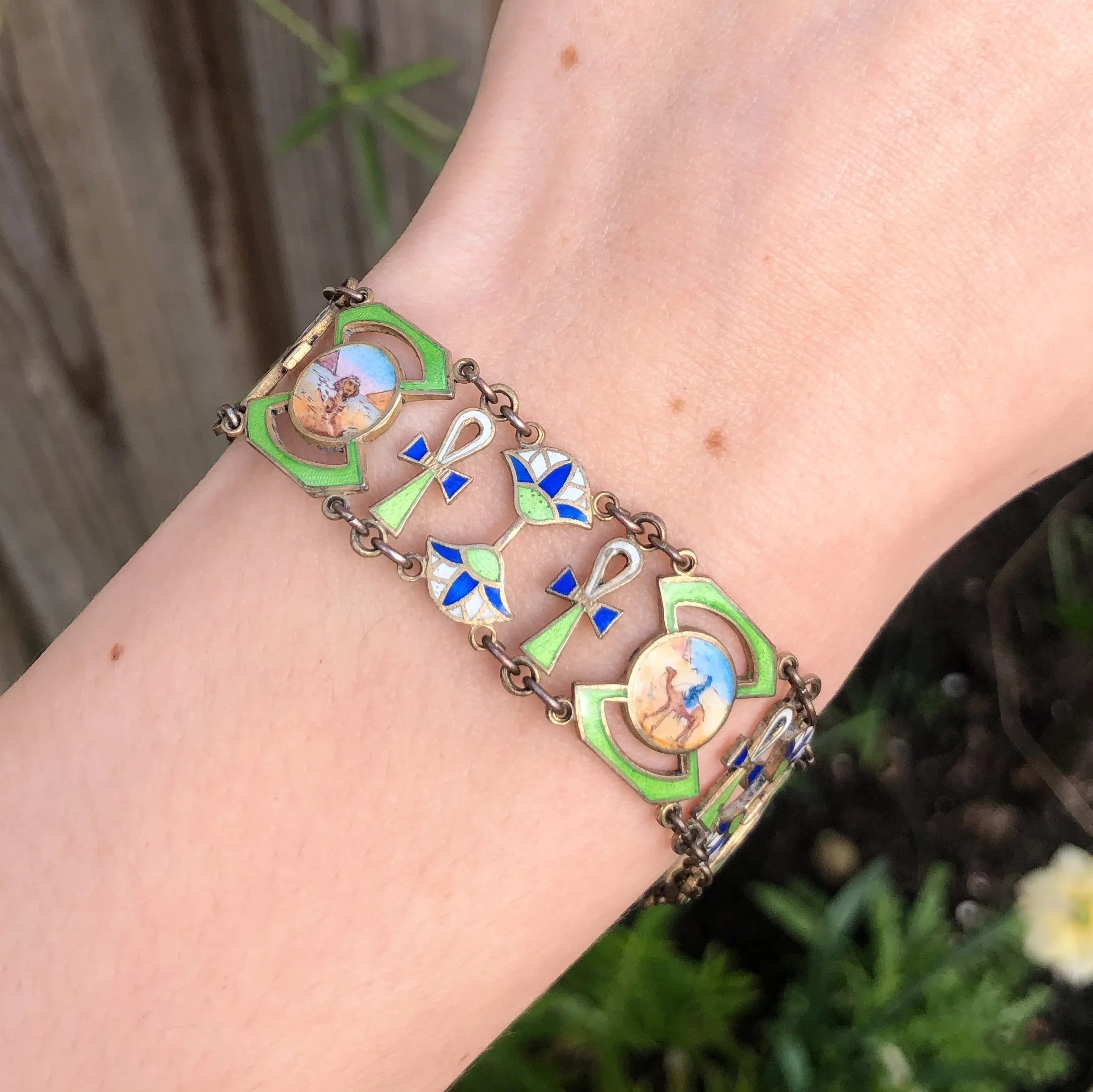 Reserved | Antique Silver Gilt Egyptian Revival Enamel Panel Bracelet