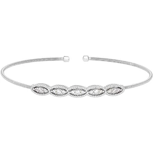 Rhodium Finish Sterling Silver Cable Cuff Bracelet with Five Simulated Diamond Marquise Shapes