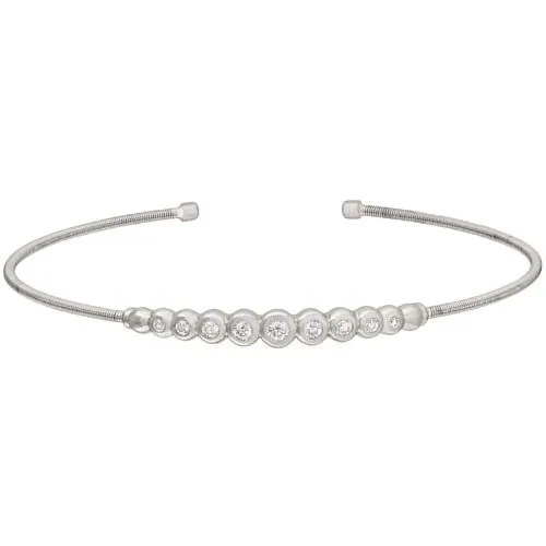 Rhodium Finish Sterling Silver Cable Cuff Bracelet with Graduated Simulated Diamonds