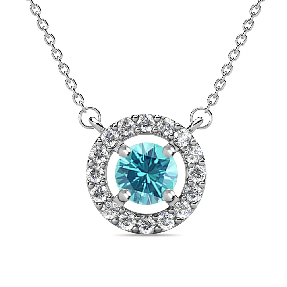 Royal 18k White Gold Plated March Birthstone Halo Necklace with Round Cut Aquamarine Swarovski Crystals