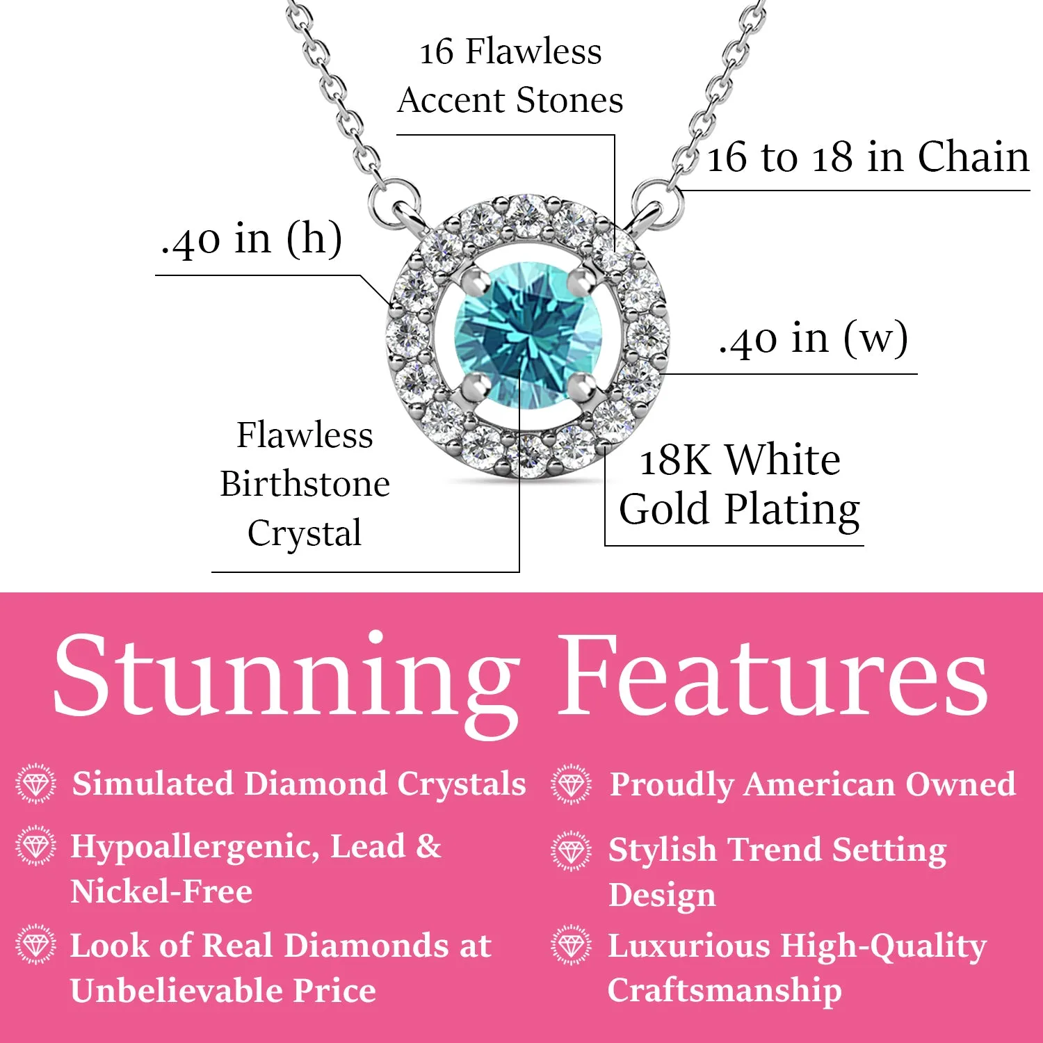 Royal 18k White Gold Plated March Birthstone Halo Necklace with Round Cut Aquamarine Swarovski Crystals