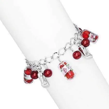 Ruby Slippers Glass Bead and Shoes Charm Bracelet in Silver