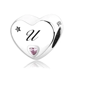 S925 Silver New Alphabet Initial Letter U Heart Charm For Bracelet and Necklace