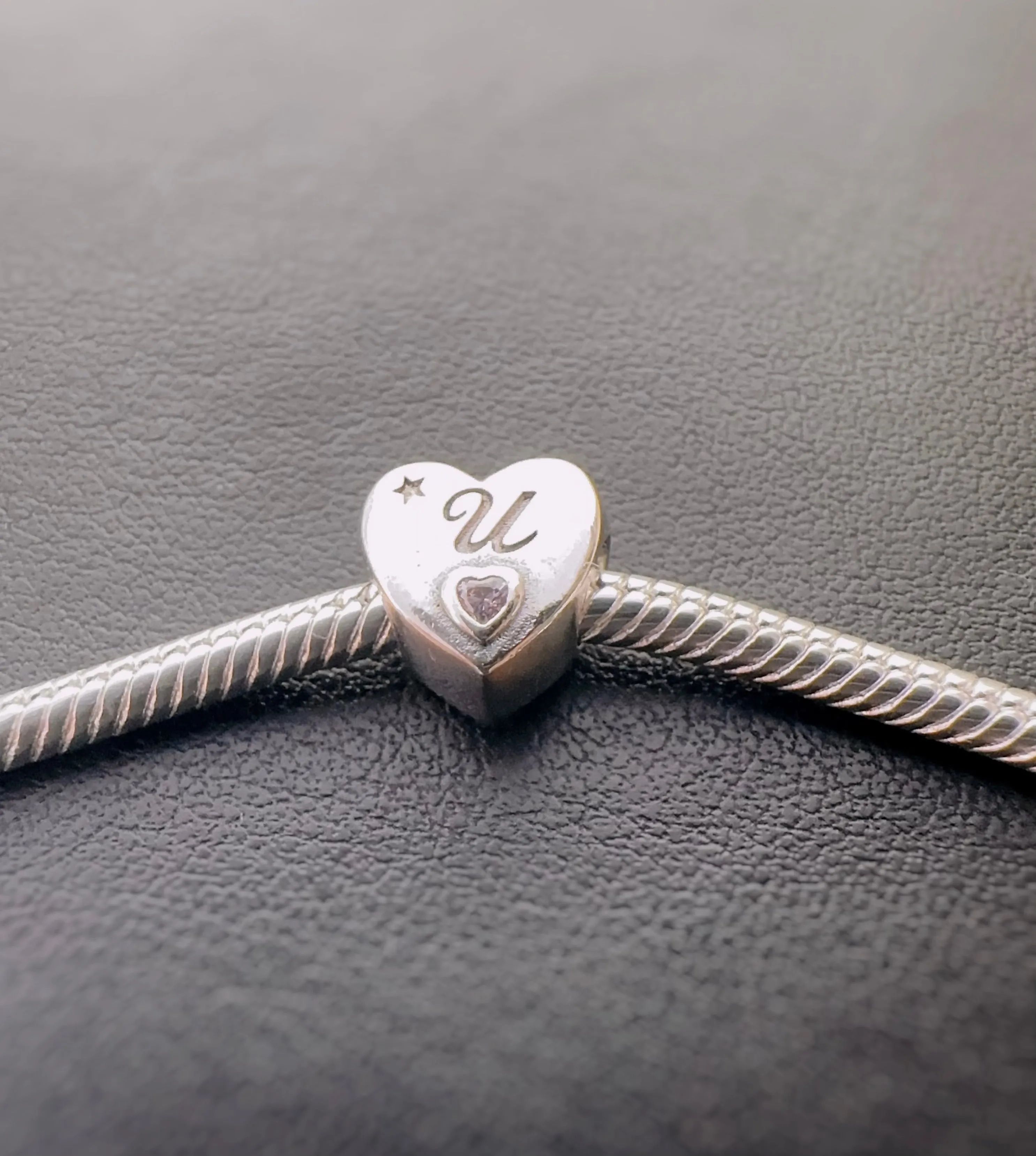 S925 Silver New Alphabet Initial Letter U Heart Charm For Bracelet and Necklace