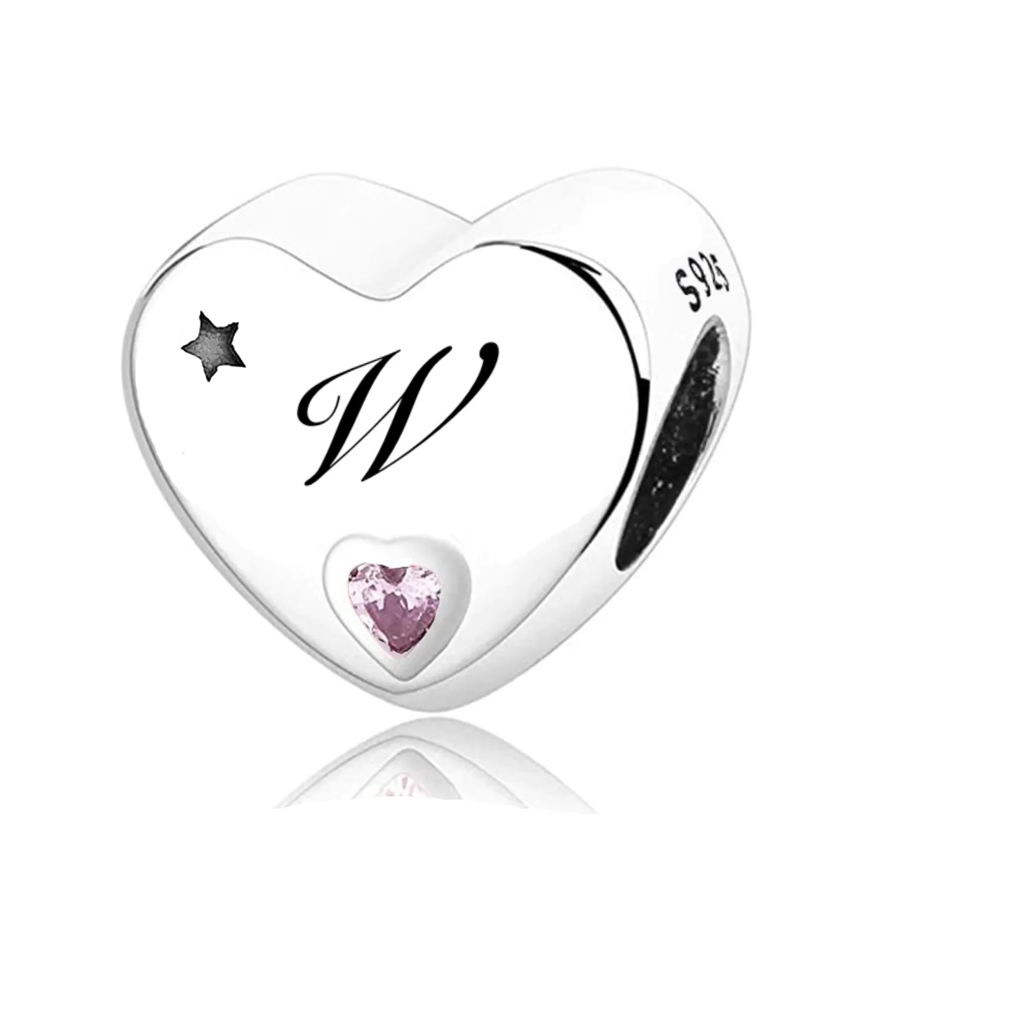 S925 Silver New Alphabet Initial Letter W Heart Charm For Bracelet and Necklace
