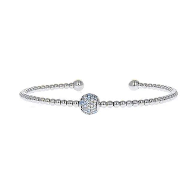 Silver Cubic Zirconia Pave Ball Open Cuff Bracelet