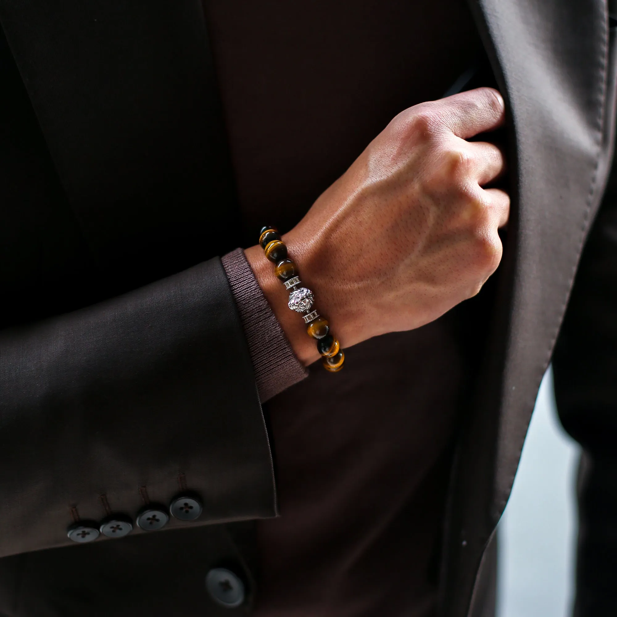 Silver Lion Tiger Eye Bead Bracelet