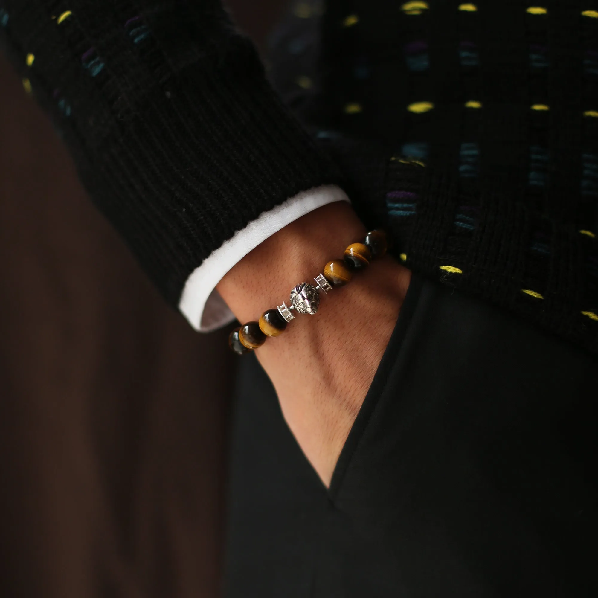 Silver Lion Tiger Eye Bead Bracelet