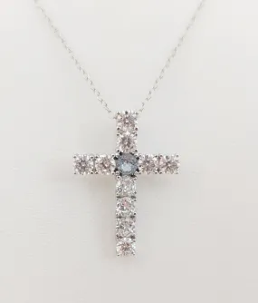 Silver Simulated Aquamarine/Diamond Cross Necklace