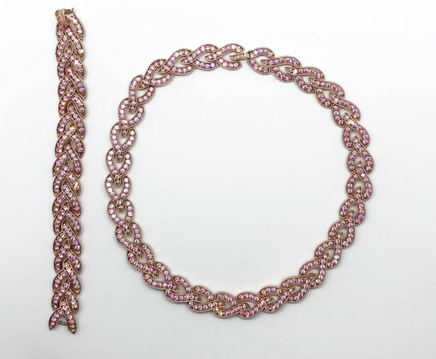 So Beautiful Vintage Pink Rhinestone Braided Necklace with Matching Bracelet