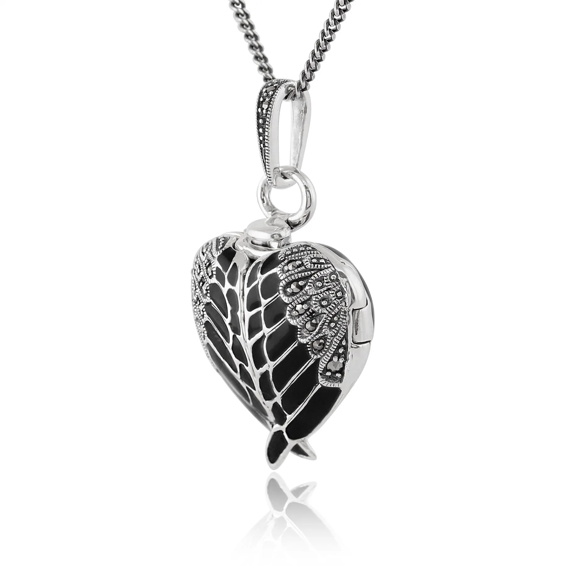 Sterlingsilber 0,14 CT Markasit & Emaille Winged Herz Medaillon 45cm Halskette