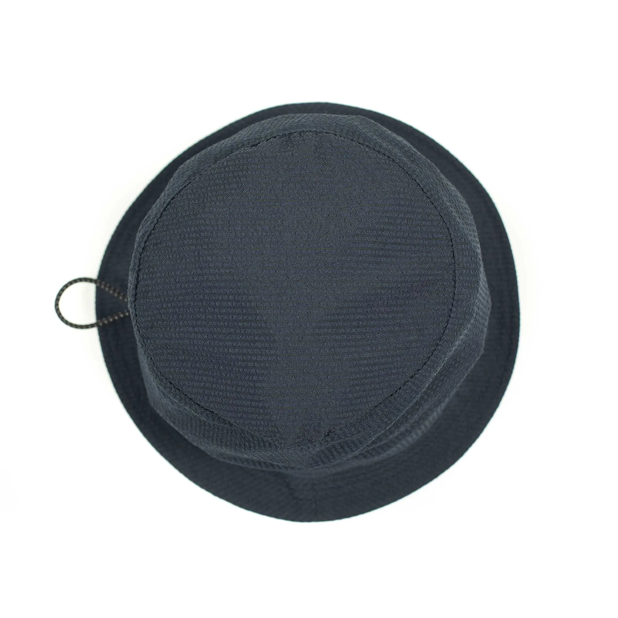Storage loop bucket hat in tonal navy blue CoolMax seersucker