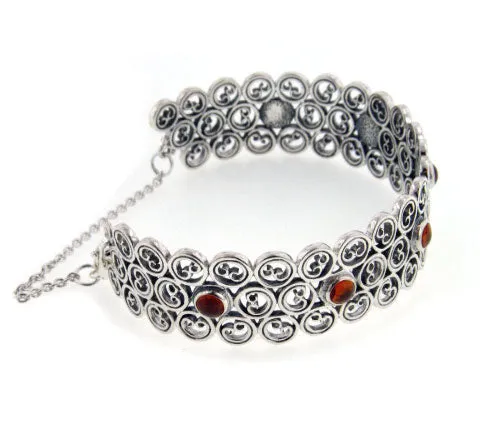 Swirled Sterling Silver Cuff Bangle 7" Bracelet with Amber