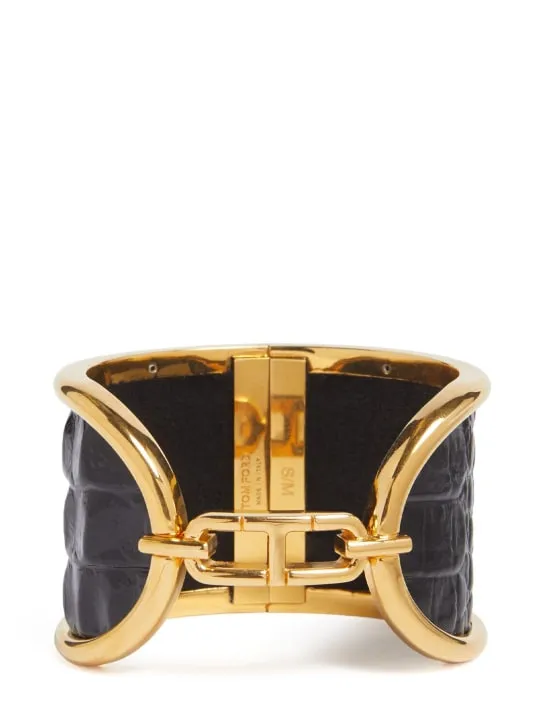 Tom Ford   Embossed leather &amp; brass cuff bracelet 