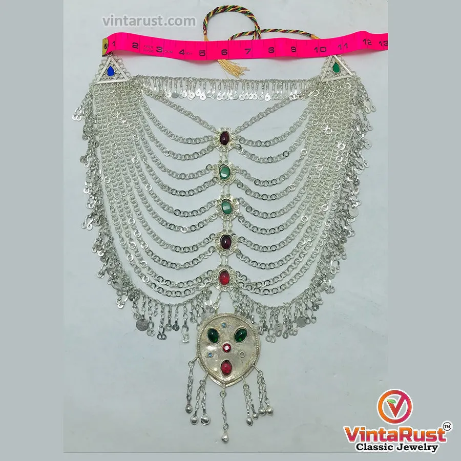 Tribal Silver Kuchi Bib Necklace With Glass Stones