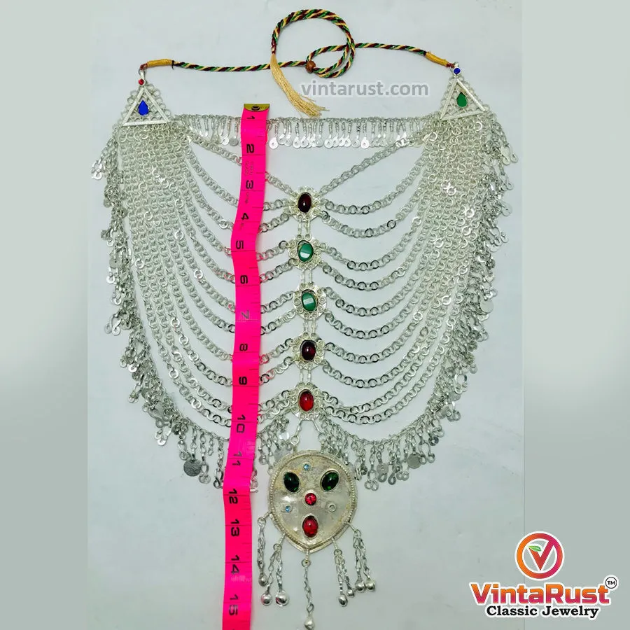 Tribal Silver Kuchi Bib Necklace With Glass Stones