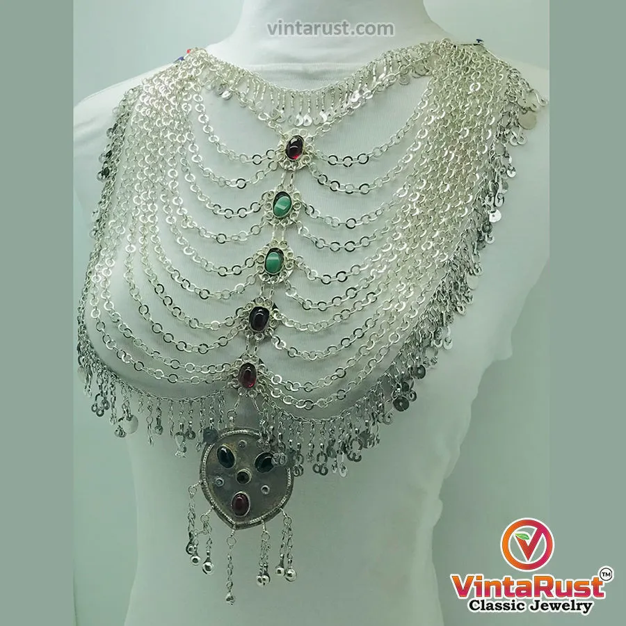 Tribal Silver Kuchi Bib Necklace With Glass Stones