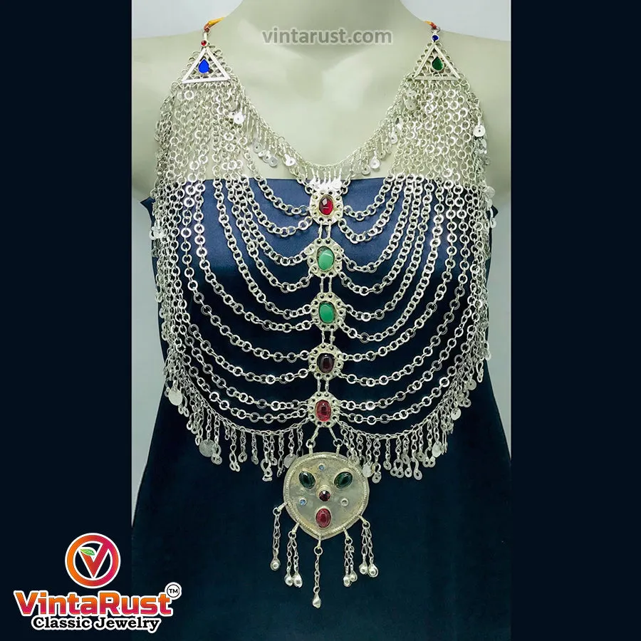 Tribal Silver Kuchi Bib Necklace With Glass Stones