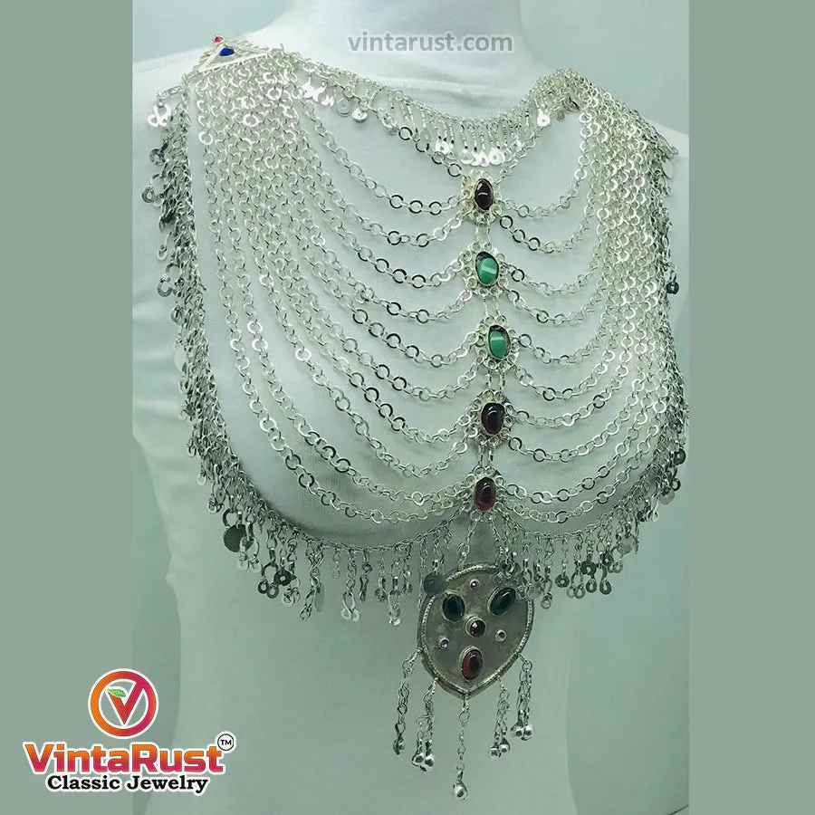 Tribal Silver Kuchi Bib Necklace With Glass Stones