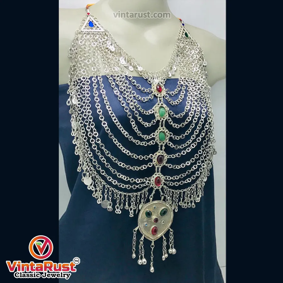 Tribal Silver Kuchi Bib Necklace With Glass Stones