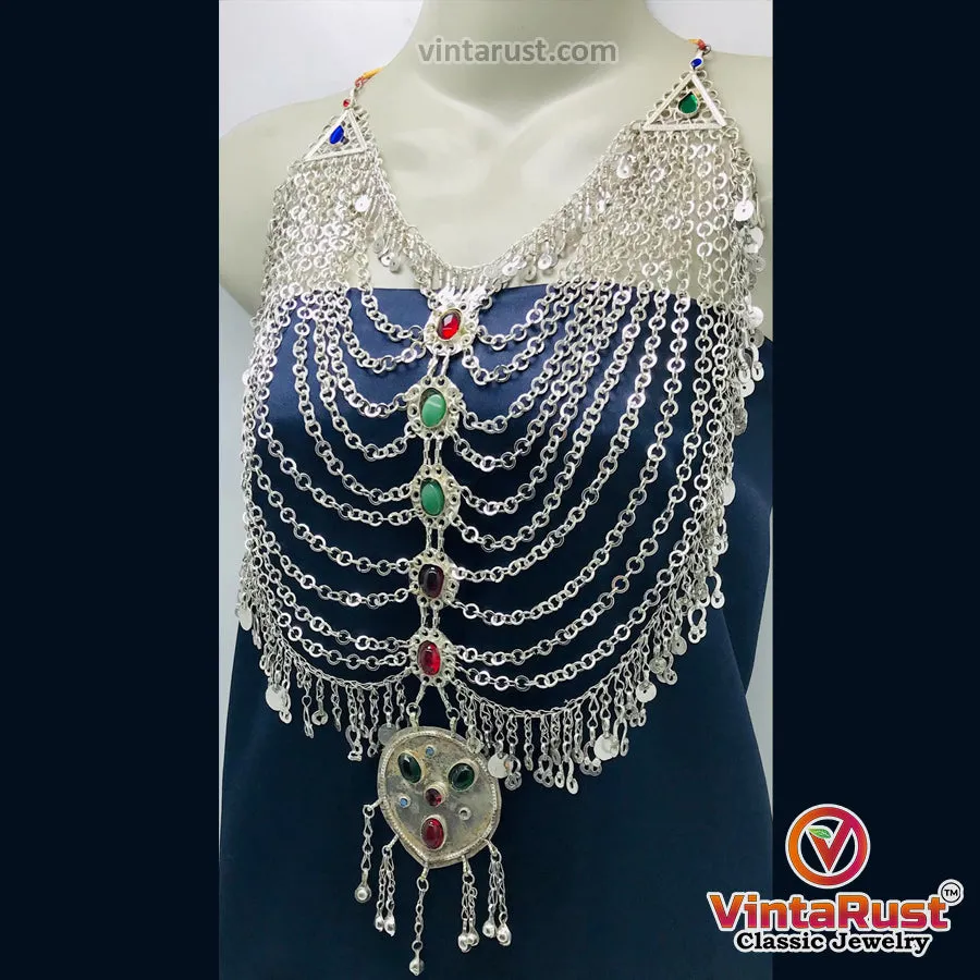 Tribal Silver Kuchi Bib Necklace With Glass Stones