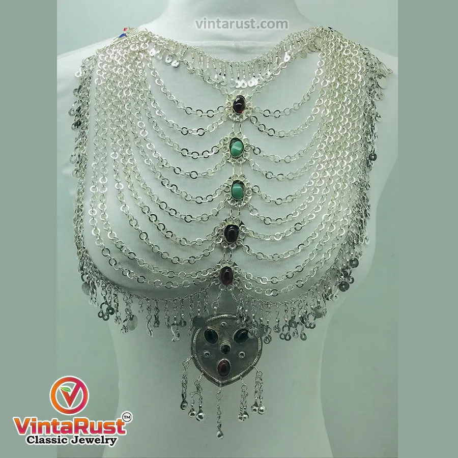 Tribal Silver Kuchi Bib Necklace With Glass Stones
