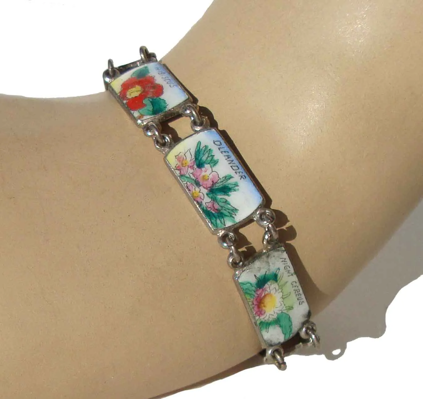 Vintage 30s Enamel Flower Panel Bracelet