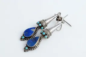 Vintage Afghan Earrings, Sterling Silver, Lapis Lazuli, and Turquoise