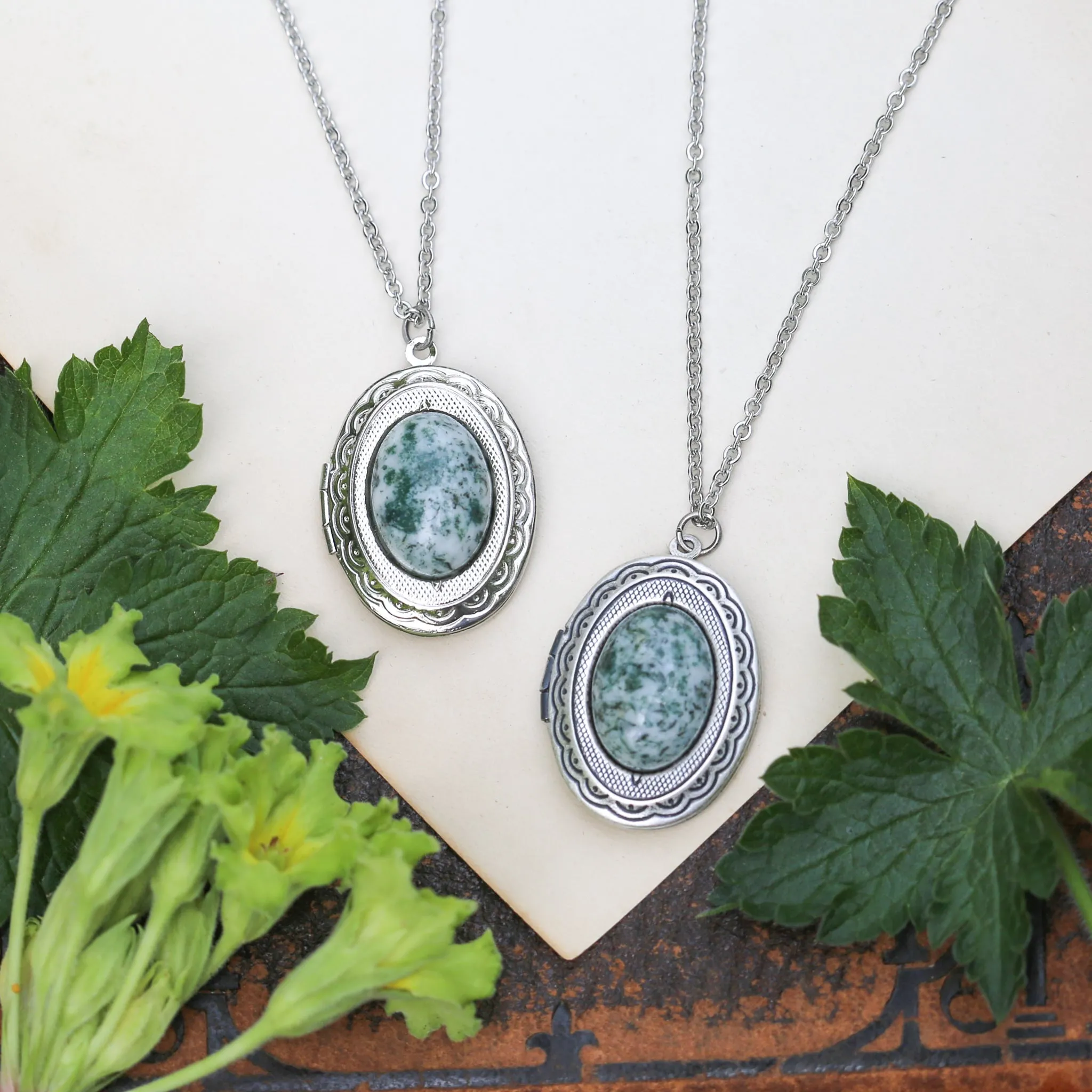 Vintage Locket in Aventurine, Tree Agate, Unakite, or Serpentine