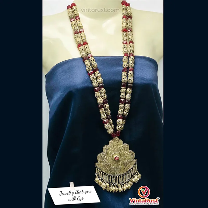 Vintage Metal and Glass Stones Beaded Long Chain Pendant Necklace