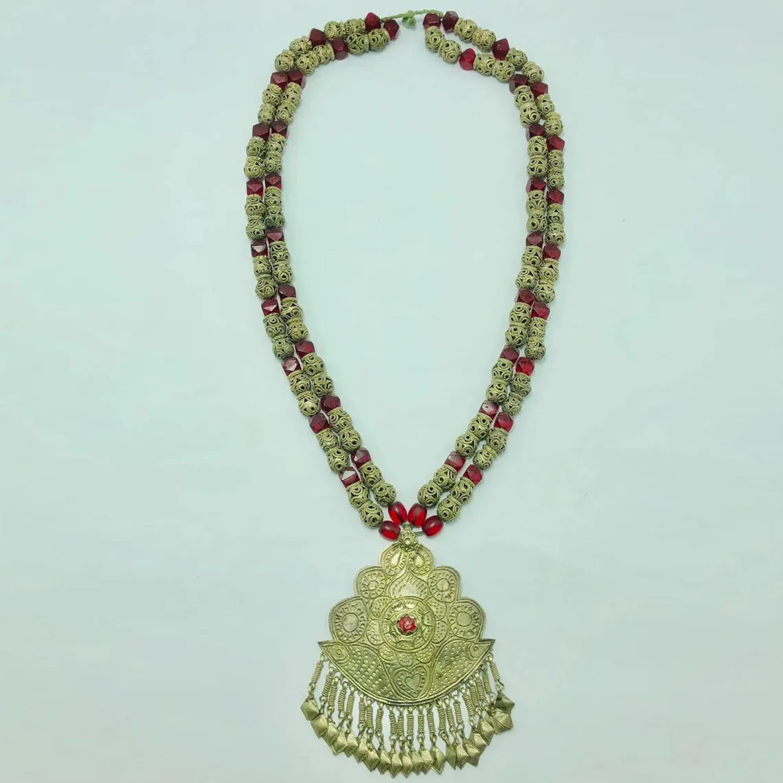 Vintage Metal and Glass Stones Beaded Long Chain Pendant Necklace