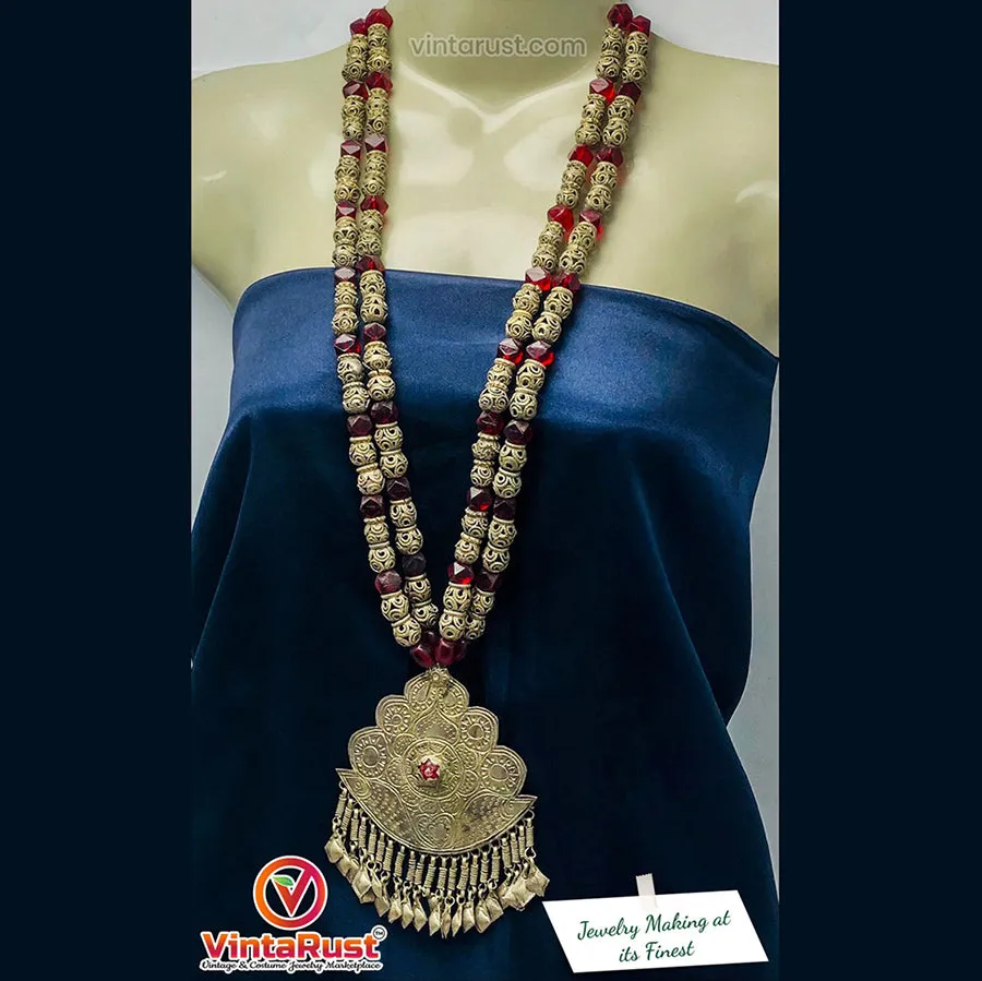 Vintage Metal and Glass Stones Beaded Long Chain Pendant Necklace