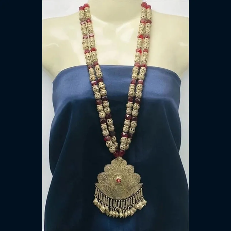 Vintage Metal and Glass Stones Beaded Long Chain Pendant Necklace