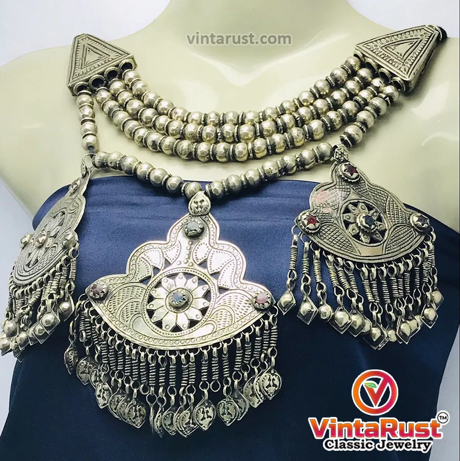 Vintage Silver Three Massive Dangling Pendants Necklace