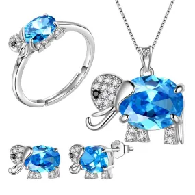 Women Elephant Necklace Earrings Ring Jewelry Sets Blue March Birthstone Girl Birthday Gifts