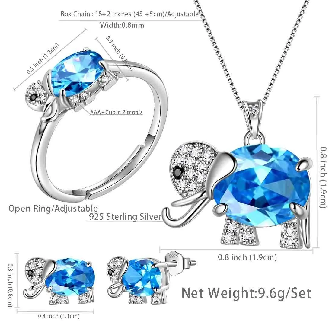Women Elephant Necklace Earrings Ring Jewelry Sets Blue March Birthstone Girl Birthday Gifts
