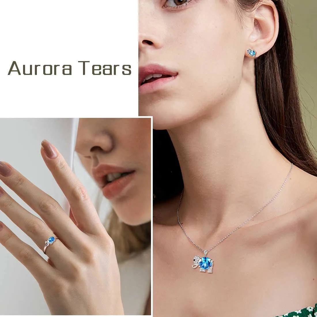 Women Elephant Necklace Earrings Ring Jewelry Sets Blue March Birthstone Girl Birthday Gifts