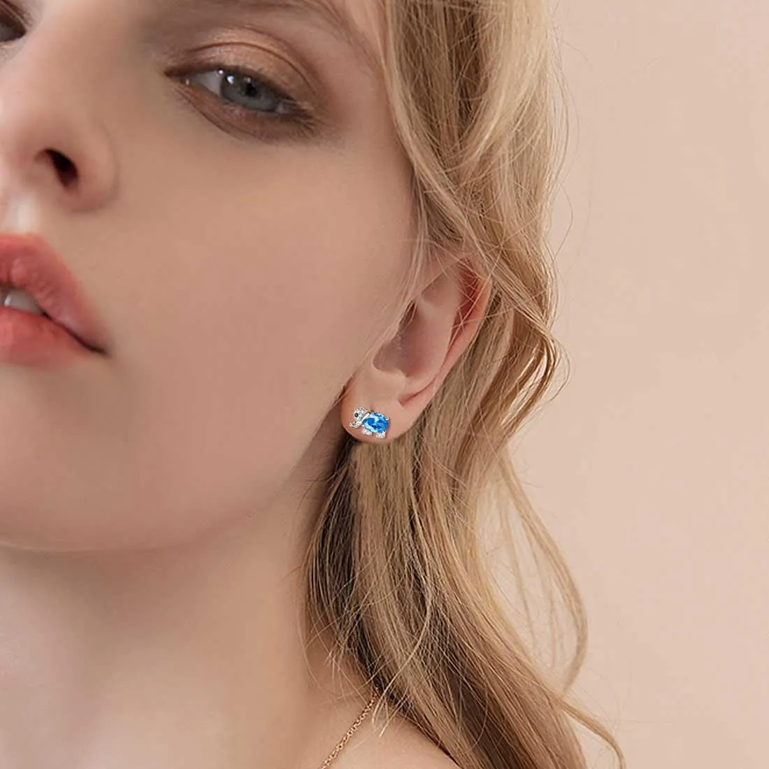 Women Elephant Necklace Earrings Ring Jewelry Sets Blue March Birthstone Girl Birthday Gifts