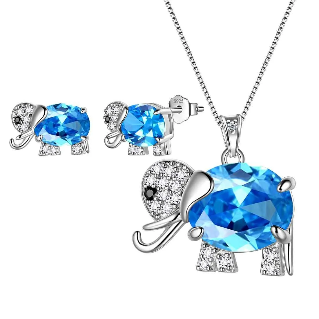 Women Elephant Necklace Earrings Ring Jewelry Sets Blue March Birthstone Girl Birthday Gifts