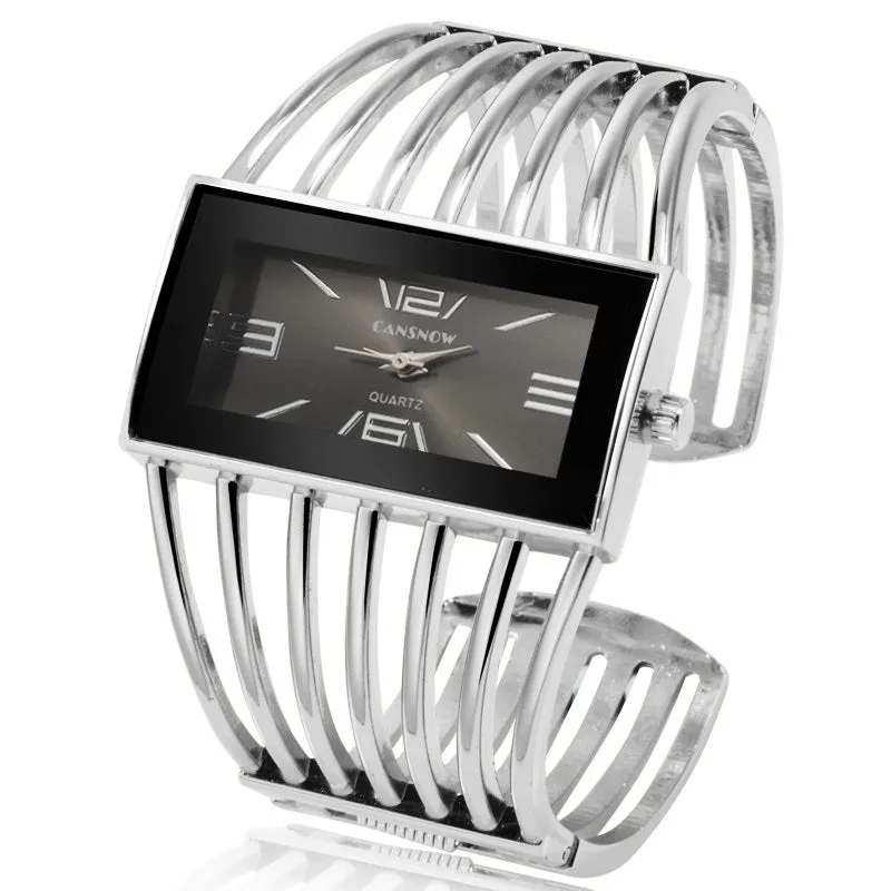 Women Luxury Cuff Bracelet Rectangular Dial Hollow Analog Quartz Wrist Watch For Ladies