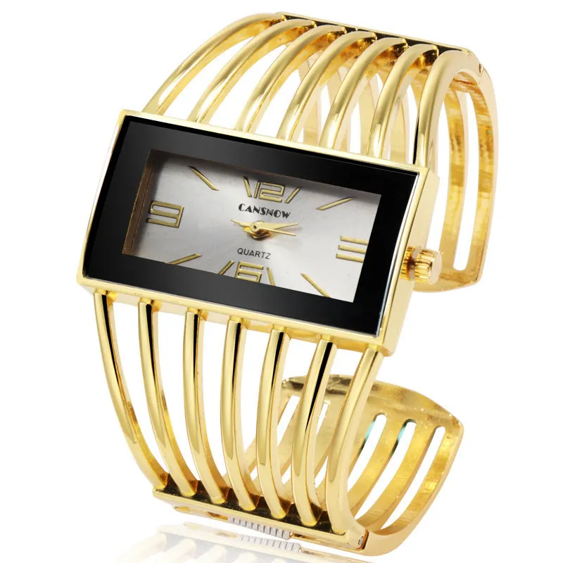 Women Luxury Cuff Bracelet Rectangular Dial Hollow Analog Quartz Wrist Watch For Ladies